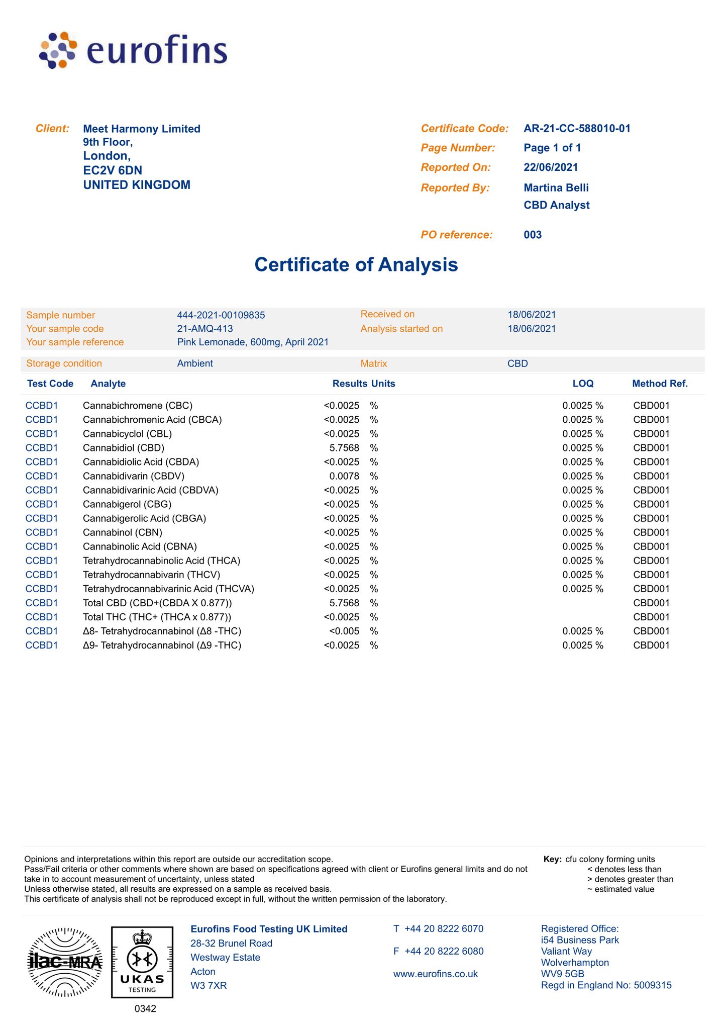 Harmony CBD Liquid Pink Lemonade 10ml, 30-600 mg CBD