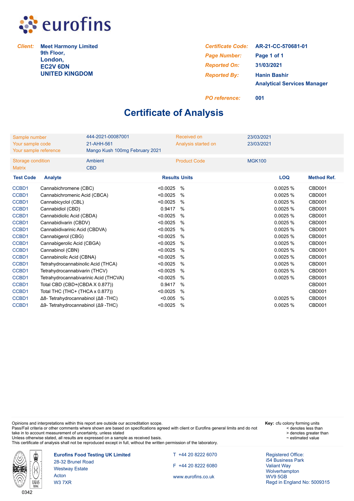 Harmony CBD Liquid Mango Kush 10ml, 30-600 mg CBD
