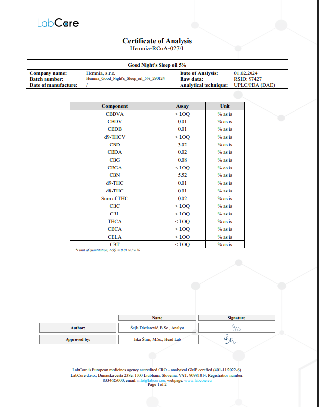 Hemnia Good Night's Sleep Hennepolie 5%, 500 mg CBN, 250 mg CBD, 10 ml