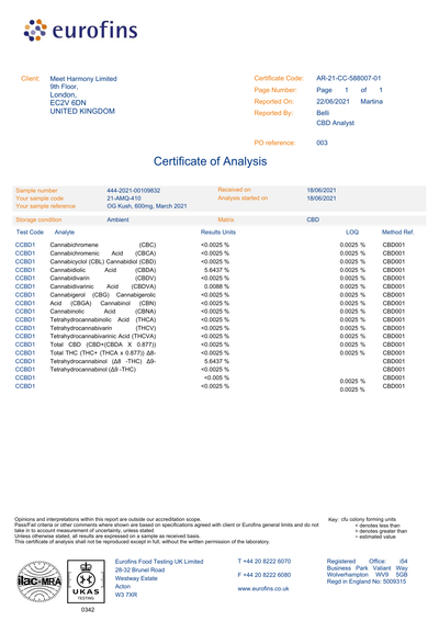 Harmony CBD Liquid OG Kush 10ml, 30-600 mg CBD