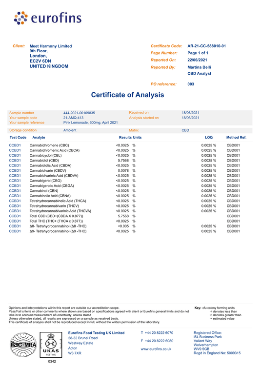 Harmony CBD Liquid Pink Lemonade 10ml, 30-600 mg CBD
